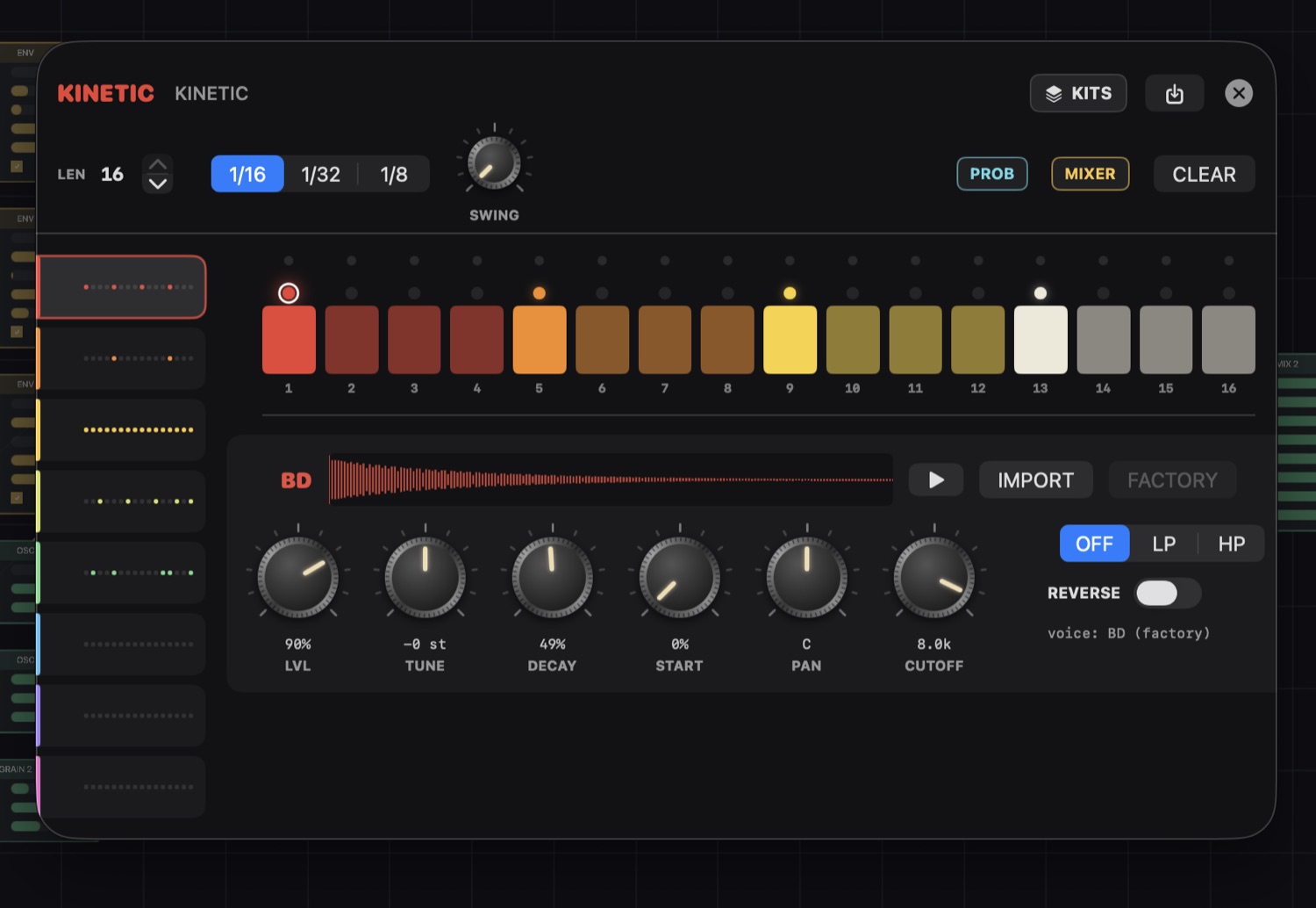 The Kinetic drum machine with 16-step sequencer and mixer