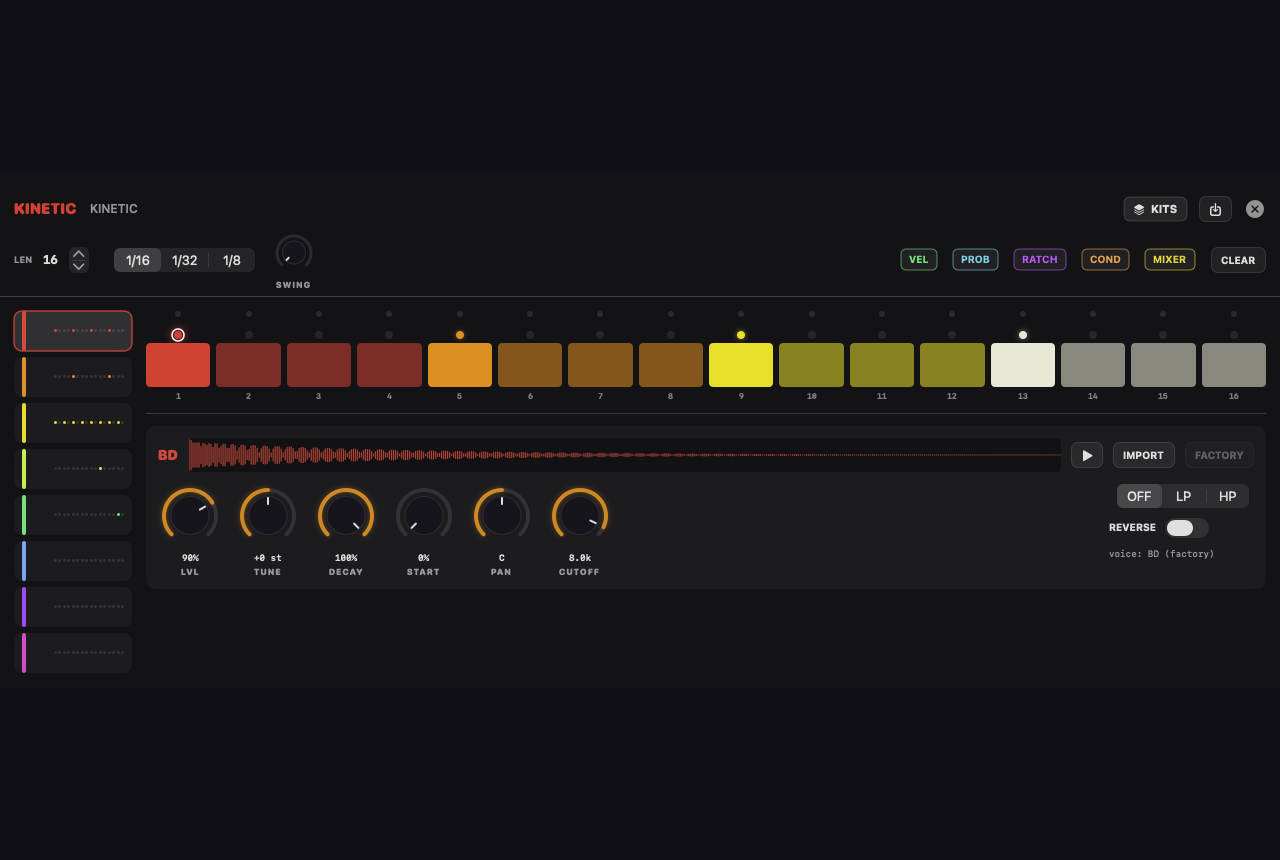 The KINETIC drum machine editor: 8 pads, step grid and per-step layers