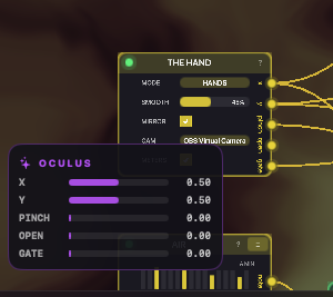 The OCULUS node reading a hand: X, Y, pinch, open and gate meters live