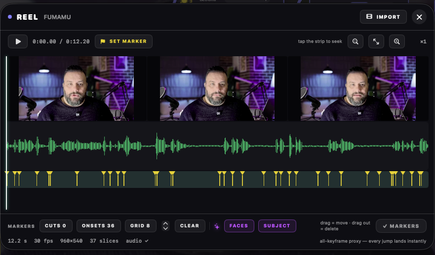 The REEL editor with a clip loaded: filmstrip, waveform, markers and VISION chips