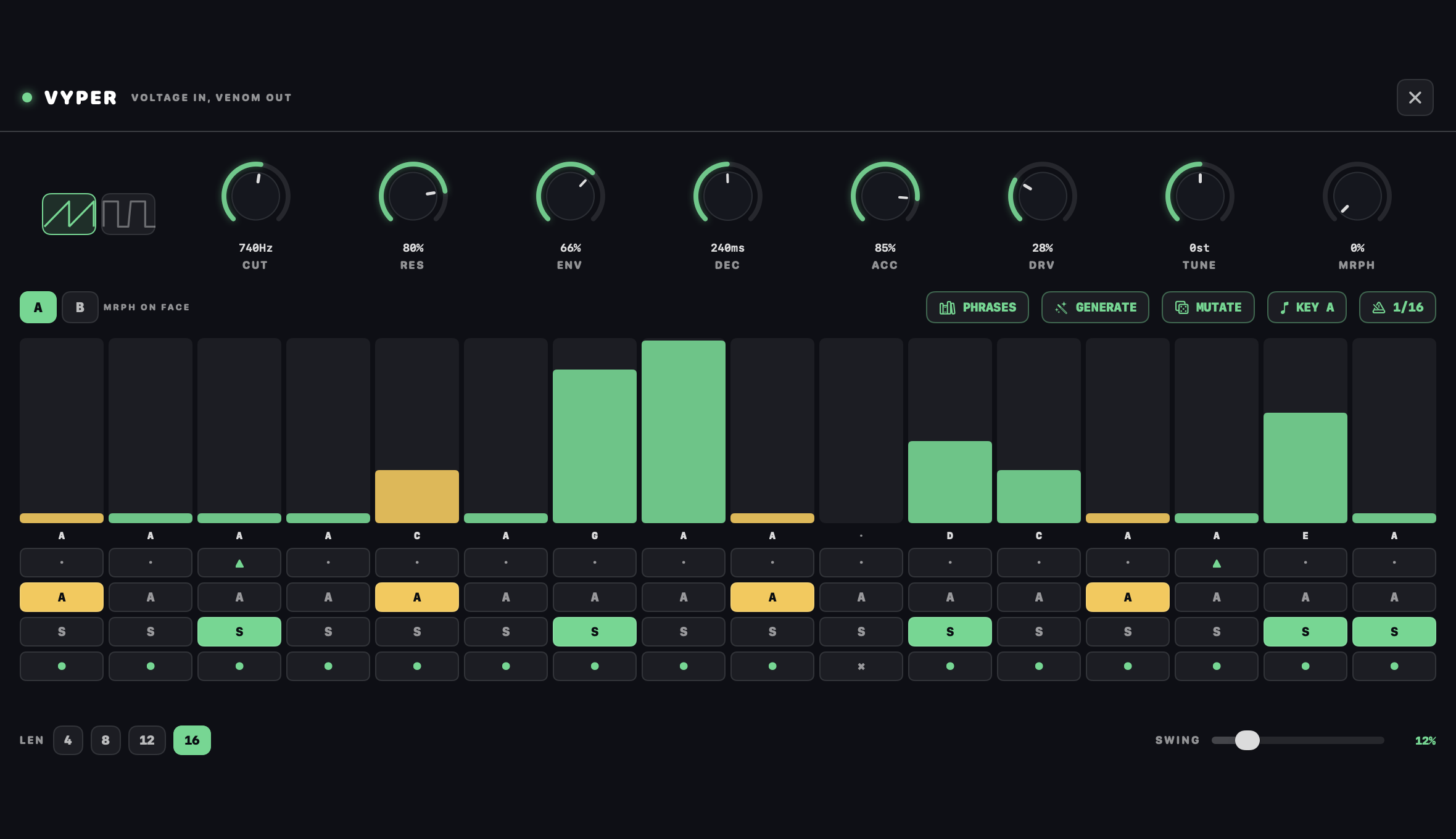 The VYPER editor: wave selector, voice knobs, sixteen acid steps with accent and slide rows